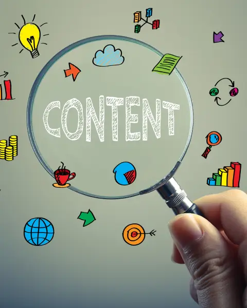 A hand holds a magnifying glass over the word "CONTENT," surrounded by various marketing and idea doodles